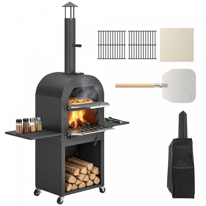 Outsunny Outdoor Wood Fired Pizza Oven with Side Shelves and Open Cabinet, Pizza Maker on Wheels with Thermometer, Stone, Peel, Cover, Grill Grate, for Barbecue, Picnic, Camping