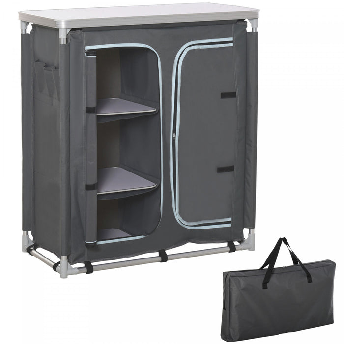 Outsunny Camping Kitchen Station, Aluminum Camping Table Cook Cupboard with 3-Shelf and Carrying Bag for BBQ Party Picnics Backyards
