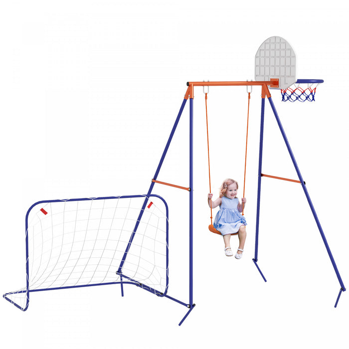 Outsunny Swing Set For Kids Outdoor 3 In 1 Metal Swing Frame With Swing Seat, Basketball Hoop And Football Goal, Ground Stakes For 3-8 Years Old