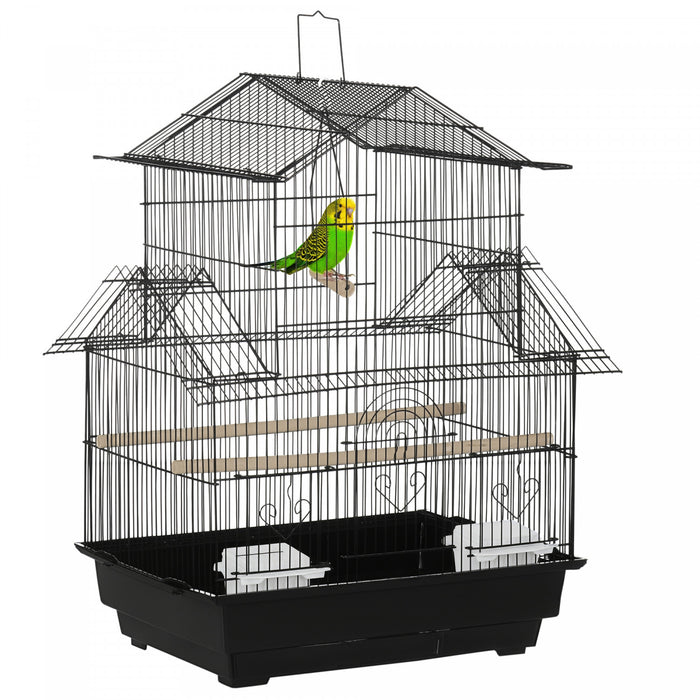 Pawhut 25\" Bird Cage For Finches, Canaries, Budgies, Indoor Parrot Cage With Perch, Swing, Food Container, Slide-out Tray, Handle, Black