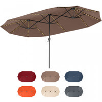 Costway 15.5 FT Extra-Large Patio Umbrella with LED Solar Lights & 12 Heavy-Duty Ribs Brown