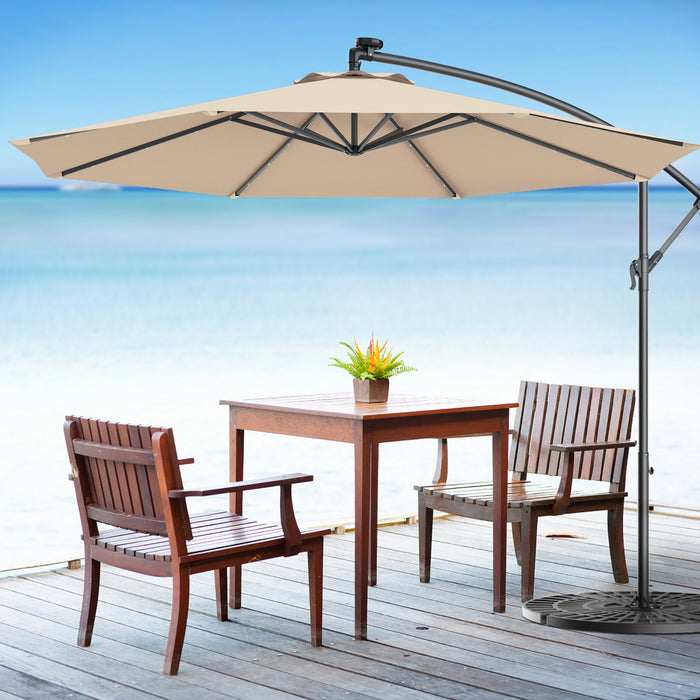 Costway 10' Hanging Solar LED Umbrella Patio Sun Shade Offset Market W/ Base Beige