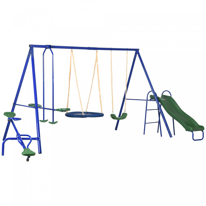 Outsunny 5 in 1 Metal Swing Set with Saucer Swing, Slide, Seesaw, Glider, Swing Seat, Ladder, Kids Swing Set for Backyard, Outdoor, Playground, Multicoloured