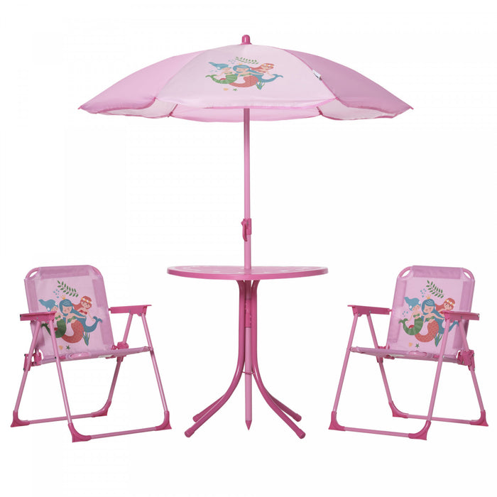 Outsunny Kids Folding Picnic Table And Chair Set Pattern Outdoor Garden Patio Backyard With Removable & Height Adjustable Sun Umbrella Pink