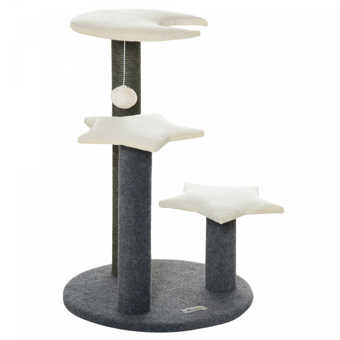 Pawhut 30\" Cat Tree Kitty Activity Center Climbing Toy Rest Pet Furniture With Sisal Scratching Post Moon Star Shaped Perch Hanging Ball Grey, White