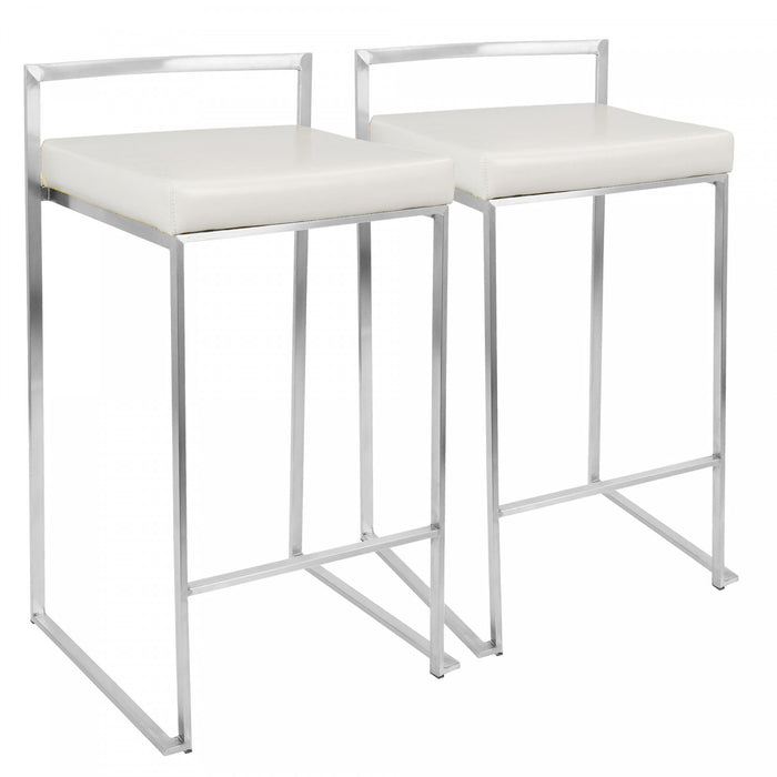 LumiSource Fuji White Faux Leather Contemporary Stackable Counter-Height Stool - Set of 2