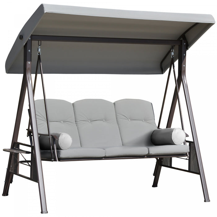 Outsunny 3 Seater Porch Swing Heavy Duty Outdoor Swing Chair Outdoor Lounge Hammock Cushioned Seat W/ Tilt Canopy, Light Grey