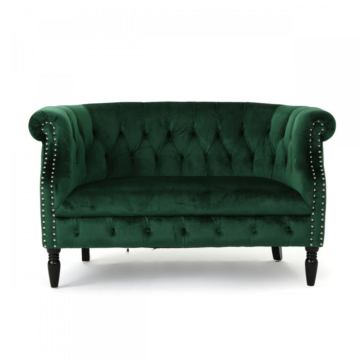 Vivian Solid Wood Rolled Arms Velvet Loveseat,Emerald