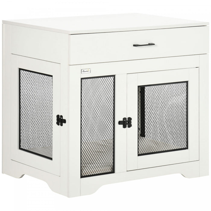 Pawhut 32in Dog Crate Furniture With Cushion, 2 Doors, Dog Kennel End Table With Storage, Indoor Dog Cage For Small Medium Dogs, White