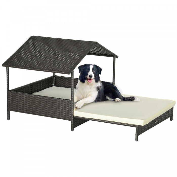 Pawhut Elevated Rattan Dog House Outdoor With Canopy, Extendable Wicker Dog Bed With Water-resistant Cushion, For Small And Medium Dogs Cream White