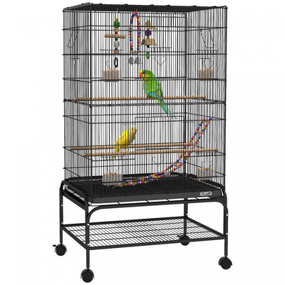 Pawhut 43" Bird Cage For Budgies Cockatiels Canaries Lovebirds Finches With Rolling Stand, Toys, Removable Tray, Storage Shelf, Black