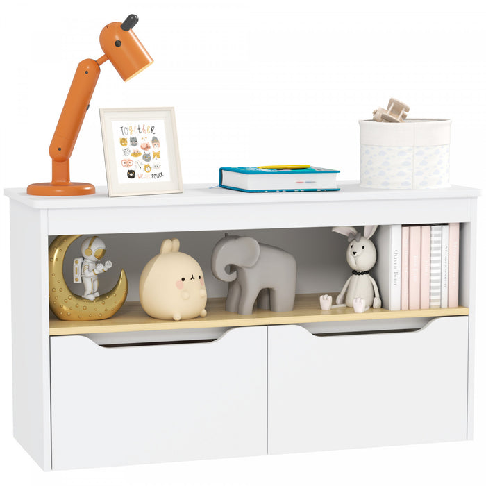 Qaba Toy Storage Organizer, Compact Kids Bookshelf With 2 Drawers, Storage Shelf, Large Tabletop For Kids Room, Nursery, Living Room, Bedroom, White