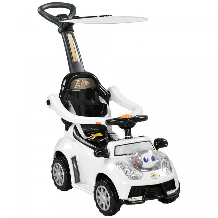 Qaba Push Car, 3 In 1 Kids Ride On Car Toddler Sliding Car With Music, Light, Foot To Floor Baby Car With Handle, Removable Canopy, Safety Guardrail, Horn, White