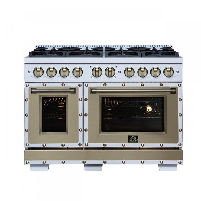 Forno Ambassador 48\" Gas Range in White, 8 Sealed Burners, 6.7 Cu.Ft. Ovens - FFSGS6299-48CPWHT