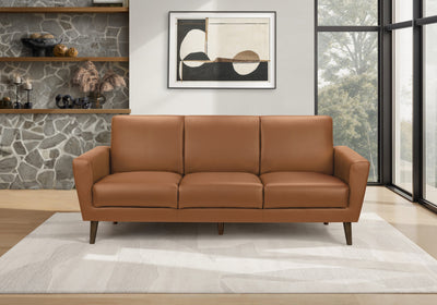 Upholstered Sofa, 77"L, Brown Leather-Look, Walnut Solid Wood Legs, Mid-Century Modern Sofa | Sofa Rembourre, 77"L, Aspect Cuir Brun, Pieds En Bois Massif De Noyer, Mid-Century