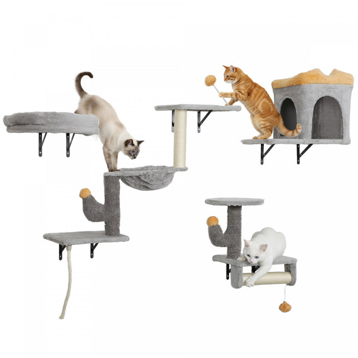 PawHut Cat Wall Shelves, 4 Pcs Cat Wall Furniture Set, Kitty Climber Set with Condo, Scratching Posts, Hammock, Bed, Hanging Pompoms for indoor kittens, Light Grey