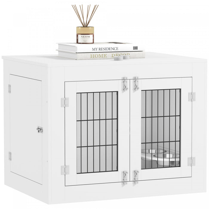 Pawhut 31.5in Dog Crate Furniture With 360° Rotatable Removable Dog Bowls, Dog Kennel Side End Table With Two Doors, For Medium Dogs, 31.5\" X 24\" X 25\", White