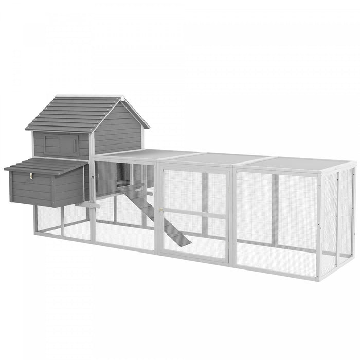Pawhut Extra Large Chicken Coop, Wooden Chicken Run With Nesting Boxes, Run, Doors, Tray, Ramp For 4-6 Chickens, Rabbits, Ducks Outdoor Use, Grey