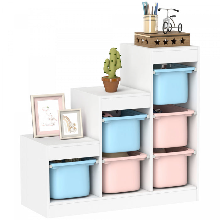Qaba Toy Storage Organizer with 6 Plastic Bins, 3 Layers Children Toy Storage with Anti-tipping Design, for Ages 3–8 Years, Study Room, Playroom, Blue & Pink