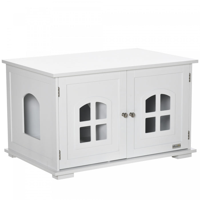 Pawhut Cat Litter Box Enclosure Hidden Cat Furniture Cabinet Indoor Cat Washroom Double-door Nightstand End Table With Cat Hole Window White