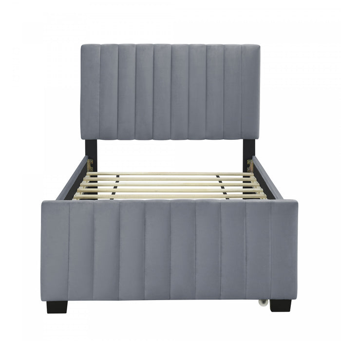 Ethan Space-Saving Velvet Upholstered Platform Bed with Trundle,Twin Size,Grey Twin Bed