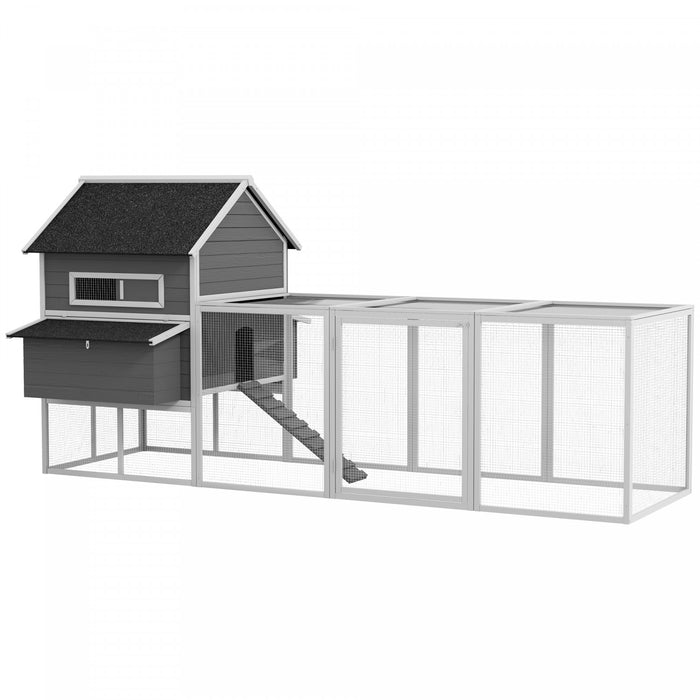 Pawhut 137\" Chicken Coop, Wooden Large Hen House With Chicken Run, Nesting Box, Poultry Cage For Outdoor, Backyard, Grey