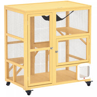 Pawhut Wooden Cat House For Indoor 3 Levels Cat Condo Villa On Wheels With Flap Door Platforms Hammock Openable Top For 2 Kittens, Yellow