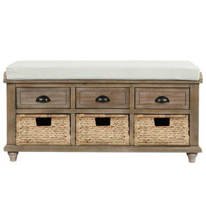 Harvey Solid Wood Storage Bench With Drawers And Rattan Baskets - Light Brown