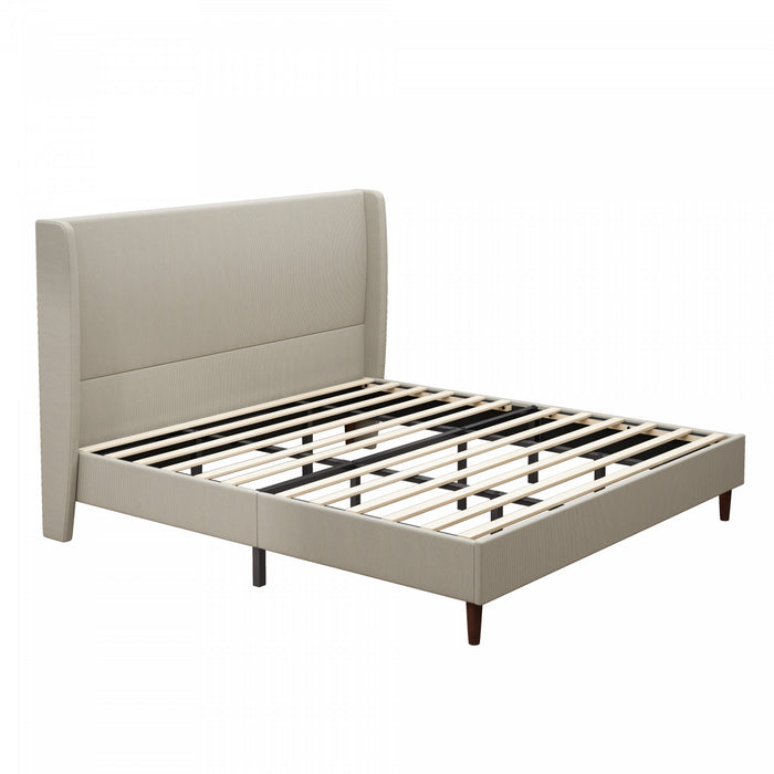 Harper Upholstered King Bed Frame with High Headboard, Linen Fabric - Beige