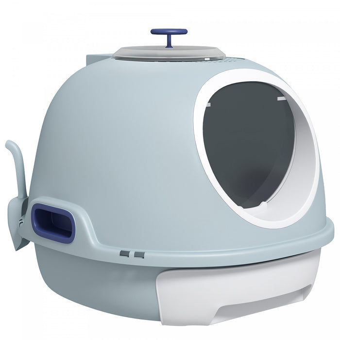 Pawhut Enclosed Cat Litter Box, Covered Litter Box With Lid And Scoop, Cat Box Enclosure With Pull-out Drawer Type, Front Door And Skylight, Easy To Clean, Blue
