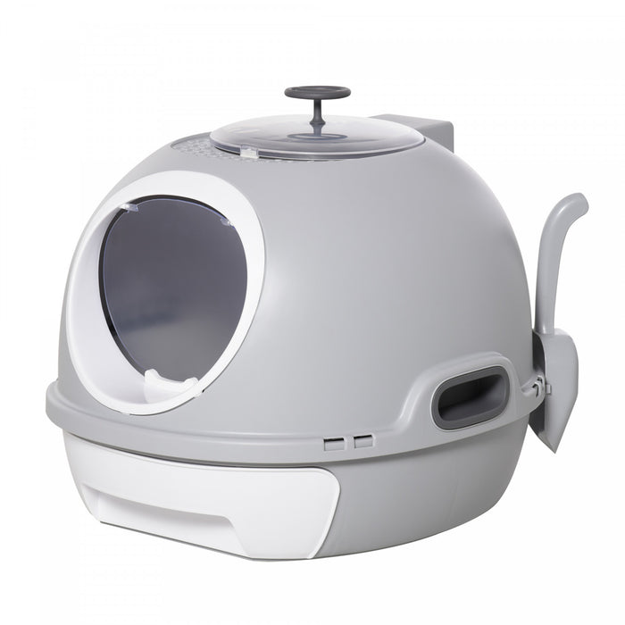 Pawhut Enclosed Cat Litter Box, Covered Litter Box With Lid And Scoop, Cat Box Enclosure With Pull-out Drawer Type, Front Door And Skylight, Easy To Clean, Grey