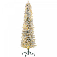 Homcom 6 Foot Snow Flocked Artificial Pencil Christmas Tree With Lights