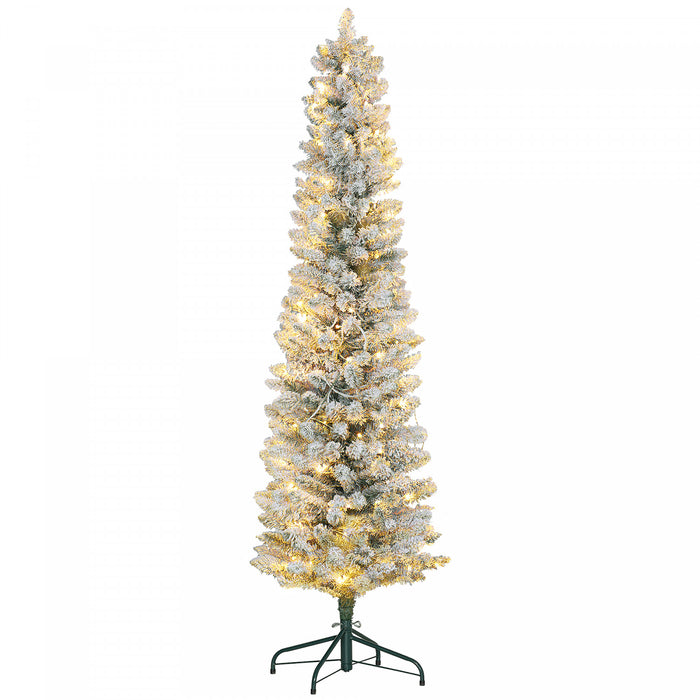 Homcom 6 Foot Snow Flocked Artificial Pencil Christmas Tree With Lights