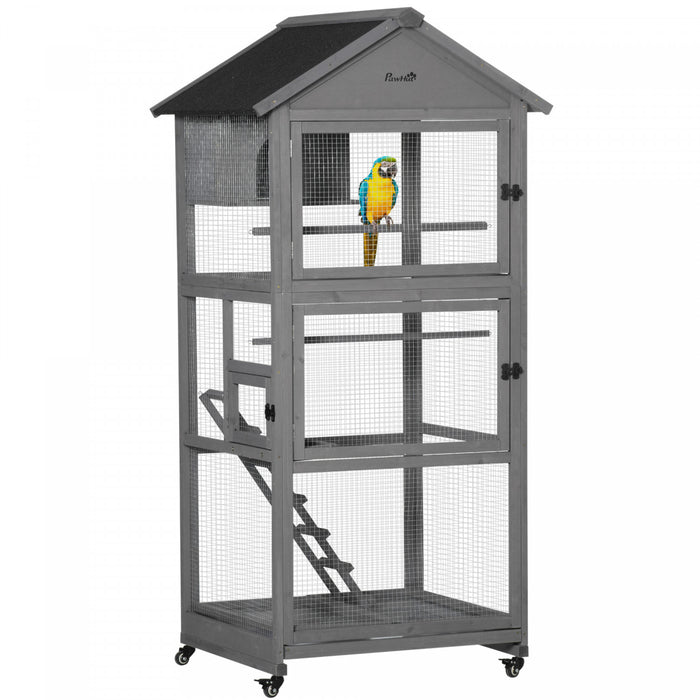 Pawhut 71\" Bird Cage Large Mobile Wooden Aviary For Canary Cockatiel With Wheel Perch Nest Ladder Slide-out Tray For Indoor Outdoor Dark Grey
