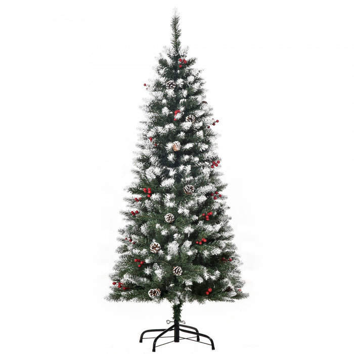 Homcom Flocked Pencil Christmas Tree With Red Berries, Pine Cones, Green