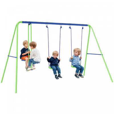 Outsunny 3 in 1 Metal Swing Set with Double Swings, Glider, Kids Swing Set for Backyard, Outdoor, Playground, Green