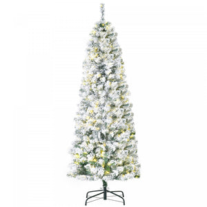 Homcom 6ft Prelit Artificial Snow Flocked Pencil Christmas Tree