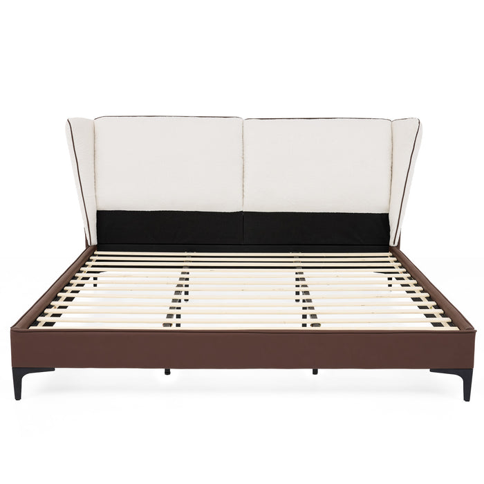 Ava Teddy Fleece Platform Bed with Wingback Headboard and Faux Upholstered, King Size, White King Bed