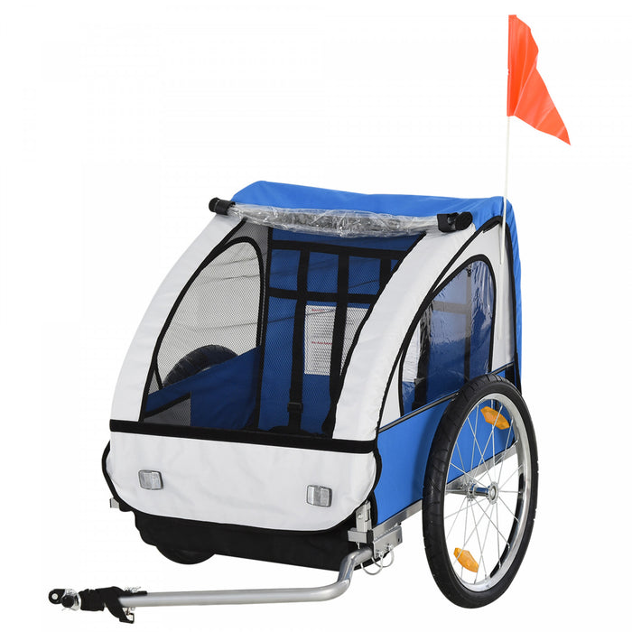 Aosom 2 Seat Bike Trailer for Kids Double Baby Toddler 80lbs Load w/ Steel Frame, 5-Point Safety Belts, Universal Bicycle Connect, Reflectors, Red Flag, Waterproof Cover, Blue