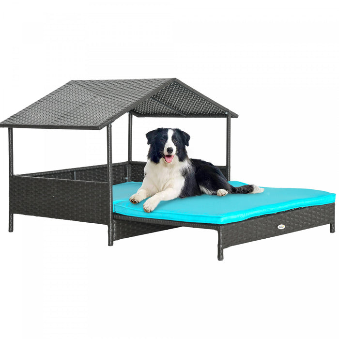 Pawhut Elevated Rattan Dog House Outdoor With Canopy, Extendable Wicker Dog Bed With Water-resistant Cushion, For Small And Medium Dogs Blue