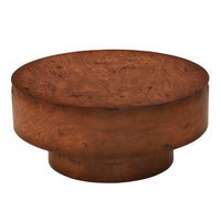 Sage 31.5 Inch Modern Round Burl Veneer Coffee Table with Drum Pedestal Base, Brown