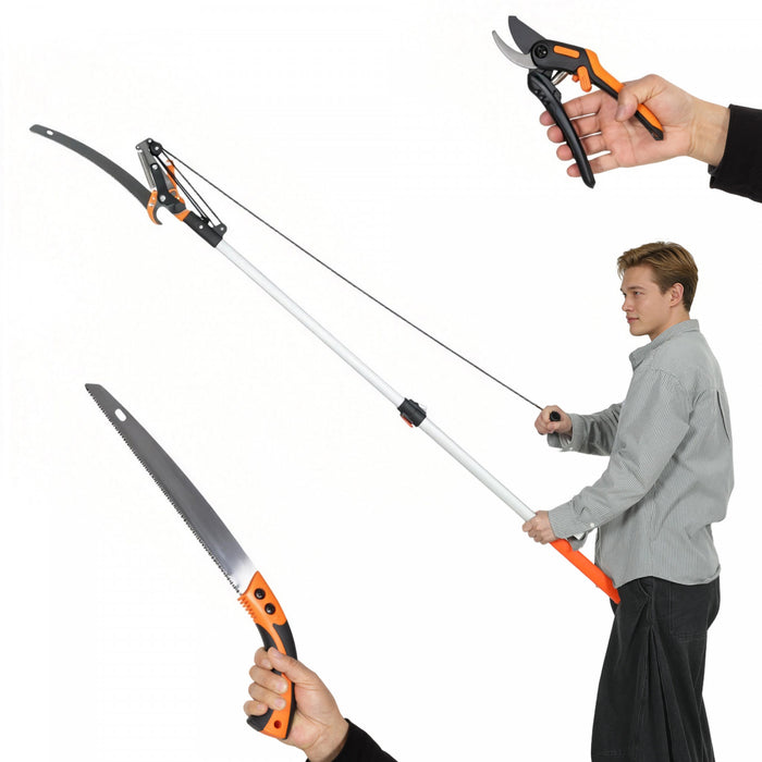 Outsunny 2-In-1 Manual Pole Saw, Hand Pruning Saw, Secateurs with Safety Lock, 6.5ft Aluminium Telescopic Pole Pruner with Sharp Blade for Palms, Shrubs, High Branches Trimming