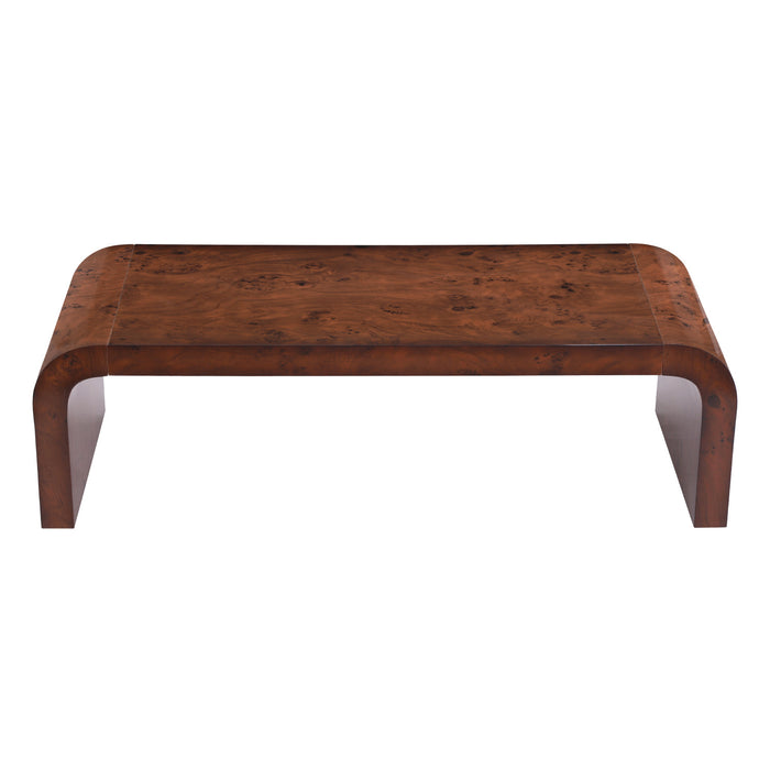 Haven 53.7\" Modern Waterfall Coffee Table Rectangular Burl Veneer Table with Curved Edges, Brown