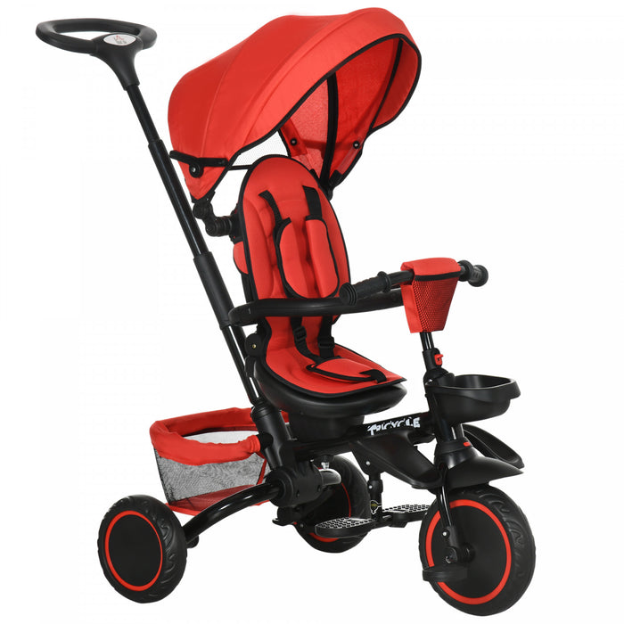 Aosom 6-in-1 Toddler Tricycle, Kids Trike With Rotatable Seat, Adjustable Push Handle, Safety Harness, Detachable Canopy, Semi-reclining Footrest, For 12-50 Months, Red