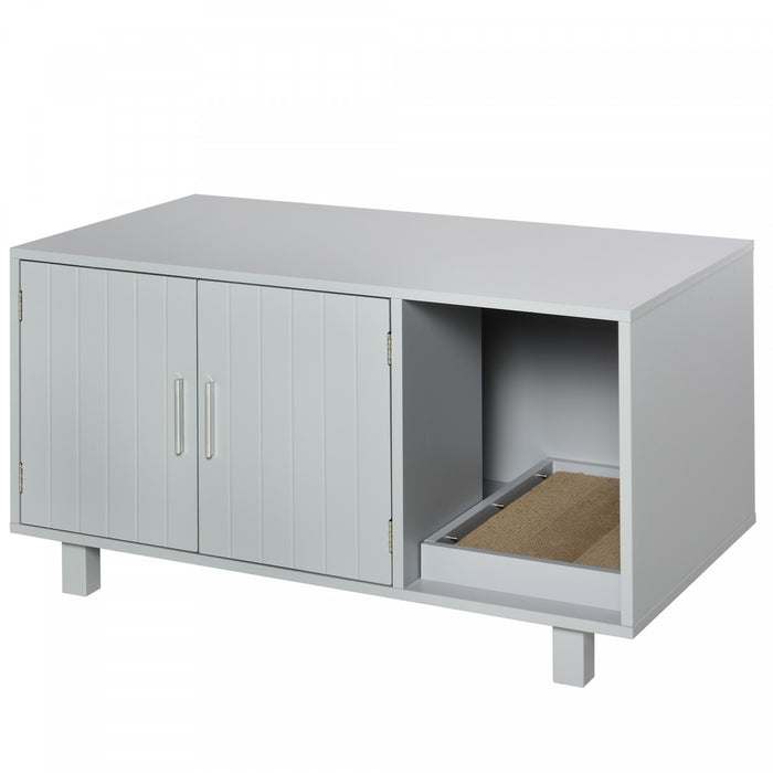 Pawhut Wooden Cat Washroom Pet Litter Box Enclosure Kitten House Nightstand End Table With Scratcher Magnetic Doors Grey