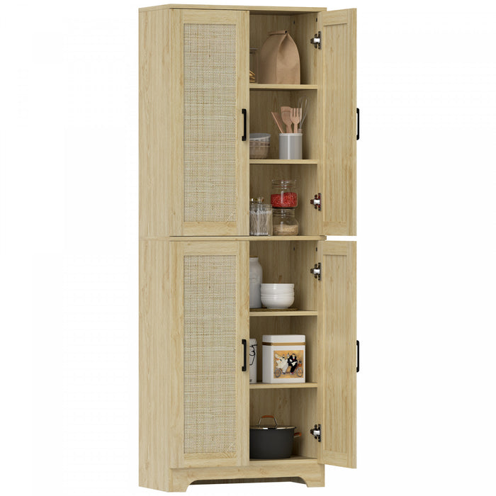 HOMCOM Kitchen Pantry with 4 Rattan Doors and Adjustable Shelves, Oak