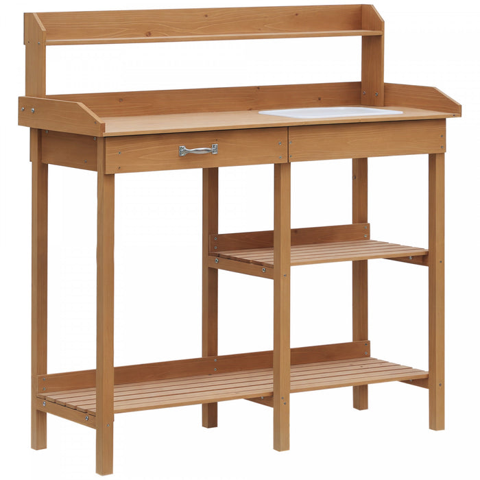Outsunny Potting Bench Table Garden Work Bench Workstation with Drawer, Removable Sink, Storage Shelves and Hooks for Patio, Courtyards, Balcony, Natural
