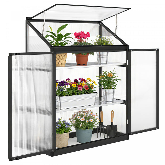 Outsunny Polycarbonate Greenhouse with Roof Vent and Doors, Black