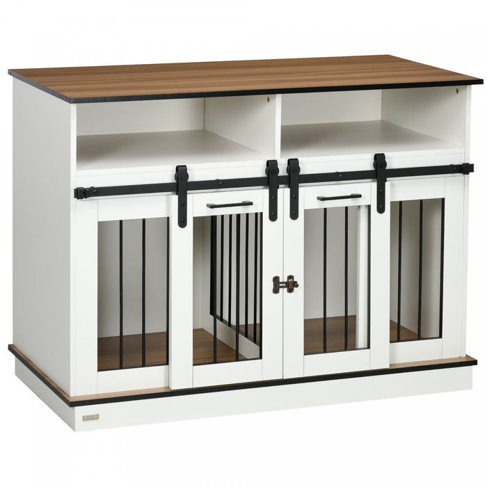 Pawhut Dog Crate Furniture For Large Dogs With Removable Divider, Dog Kennel For 2 Small Dogs With Storage, White