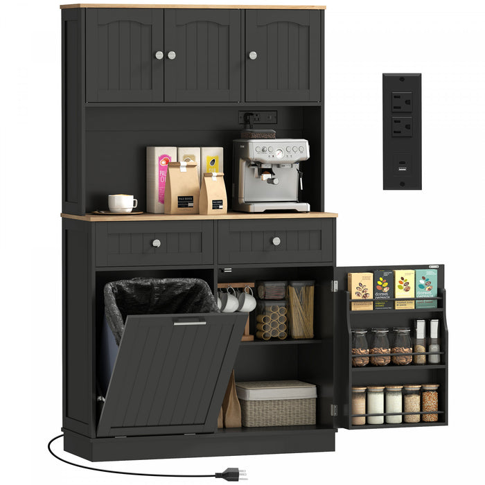 HOMCOM 68\" Pantry Cabinet, Kitchen Cabinet with Charging Station, Black
